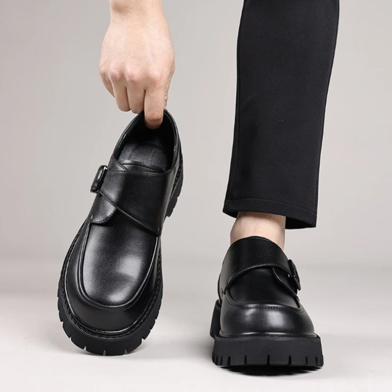 MenS Black Platform Monk Strap Loafers Slip On Chunky Sole Casual Dress Shoes Comfortable Fashion Big Size Footwear For Men thumbnail 6