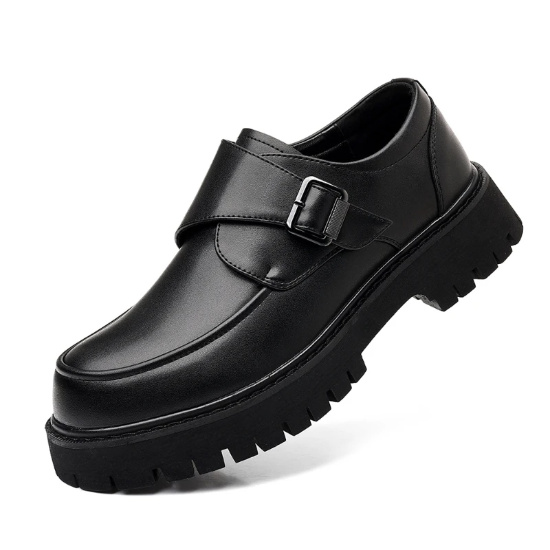 MenS Black Platform Monk Strap Loafers Slip On Chunky Sole Casual Dress Shoes Comfortable Fashion Big Size Footwear For Men thumbnail 5