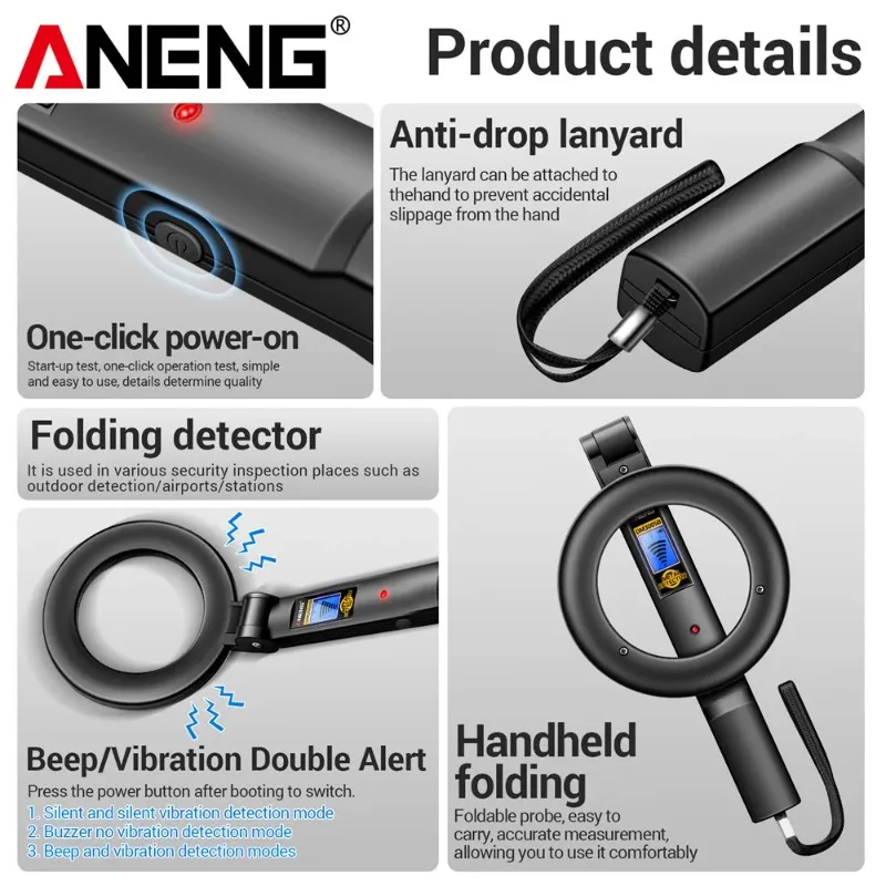 ANENG DM3005B Handheld Metal Detector Rapid Detection Sensing Buzzer Vibration Alarm Blue Backlit Screen LED Foldable Test Tools thumbnail 5