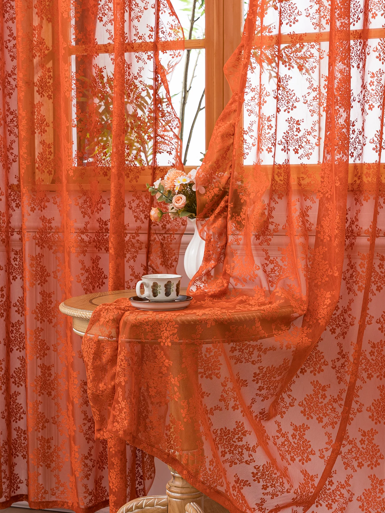 Premium Boho Burnt Orange Sheer Curtains - Vintage Floral Lace Window Treatments with Scalloped Edge thumbnail 5