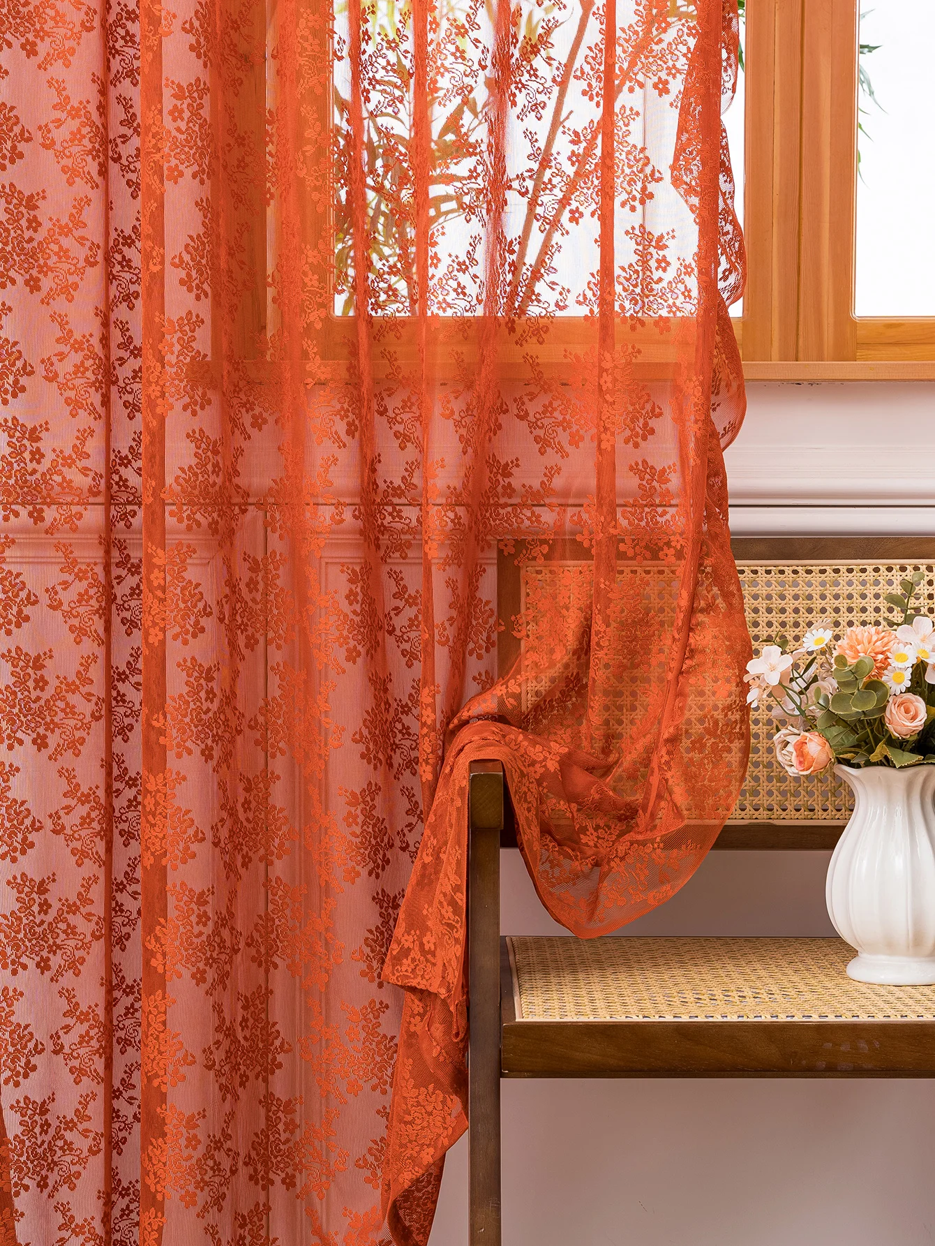 Premium Boho Burnt Orange Sheer Curtains - Vintage Floral Lace Window Treatments with Scalloped Edge thumbnail 4