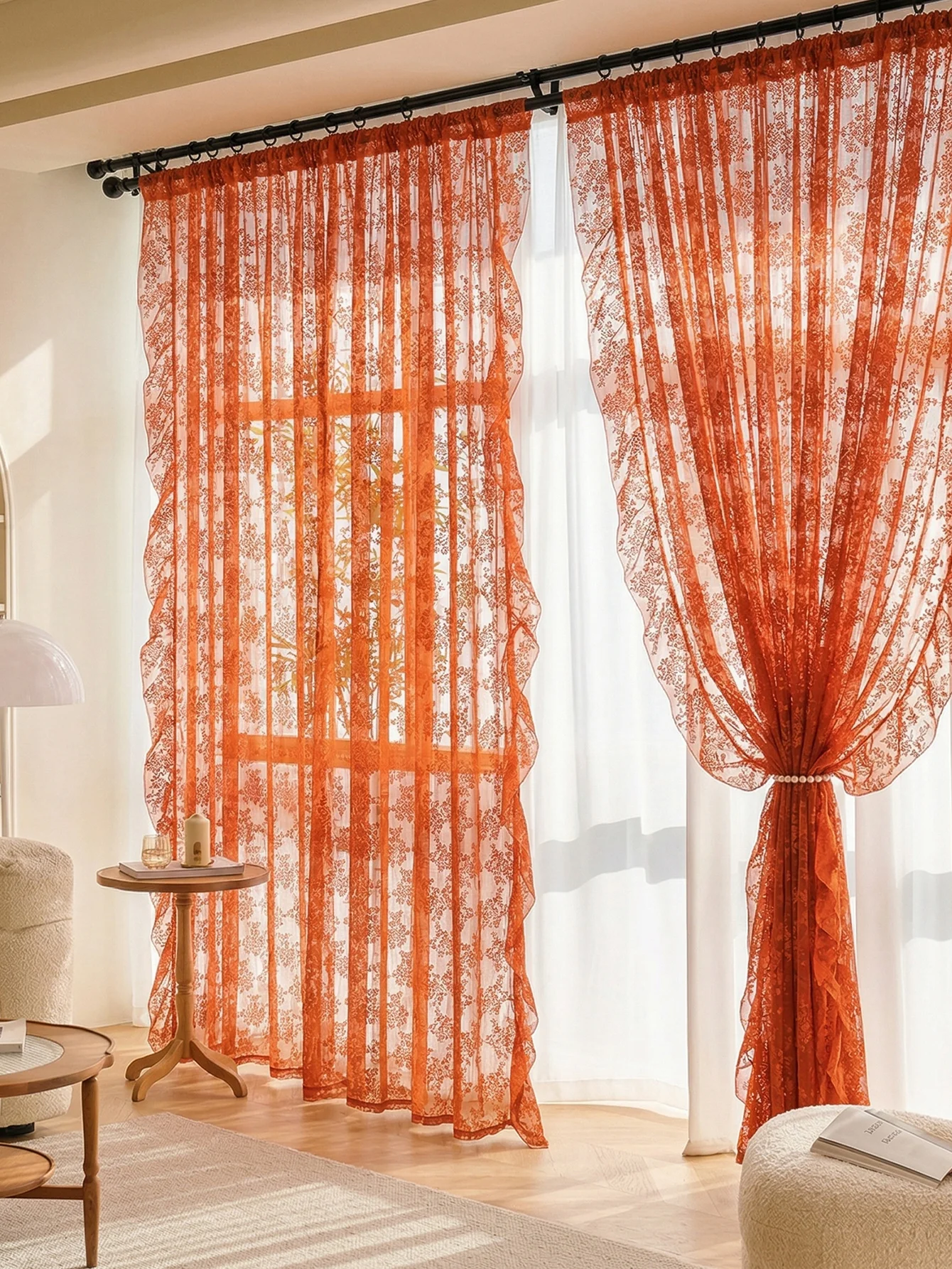 Premium Boho Burnt Orange Sheer Curtains - Vintage Floral Lace Window Treatments with Scalloped Edge thumbnail 2
