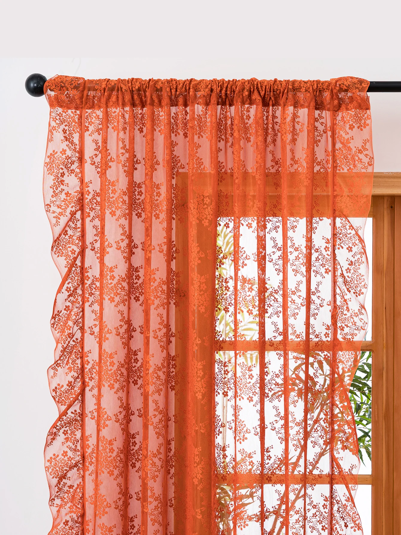 Premium Boho Burnt Orange Sheer Curtains - Vintage Floral Lace Window Treatments with Scalloped Edge thumbnail 6