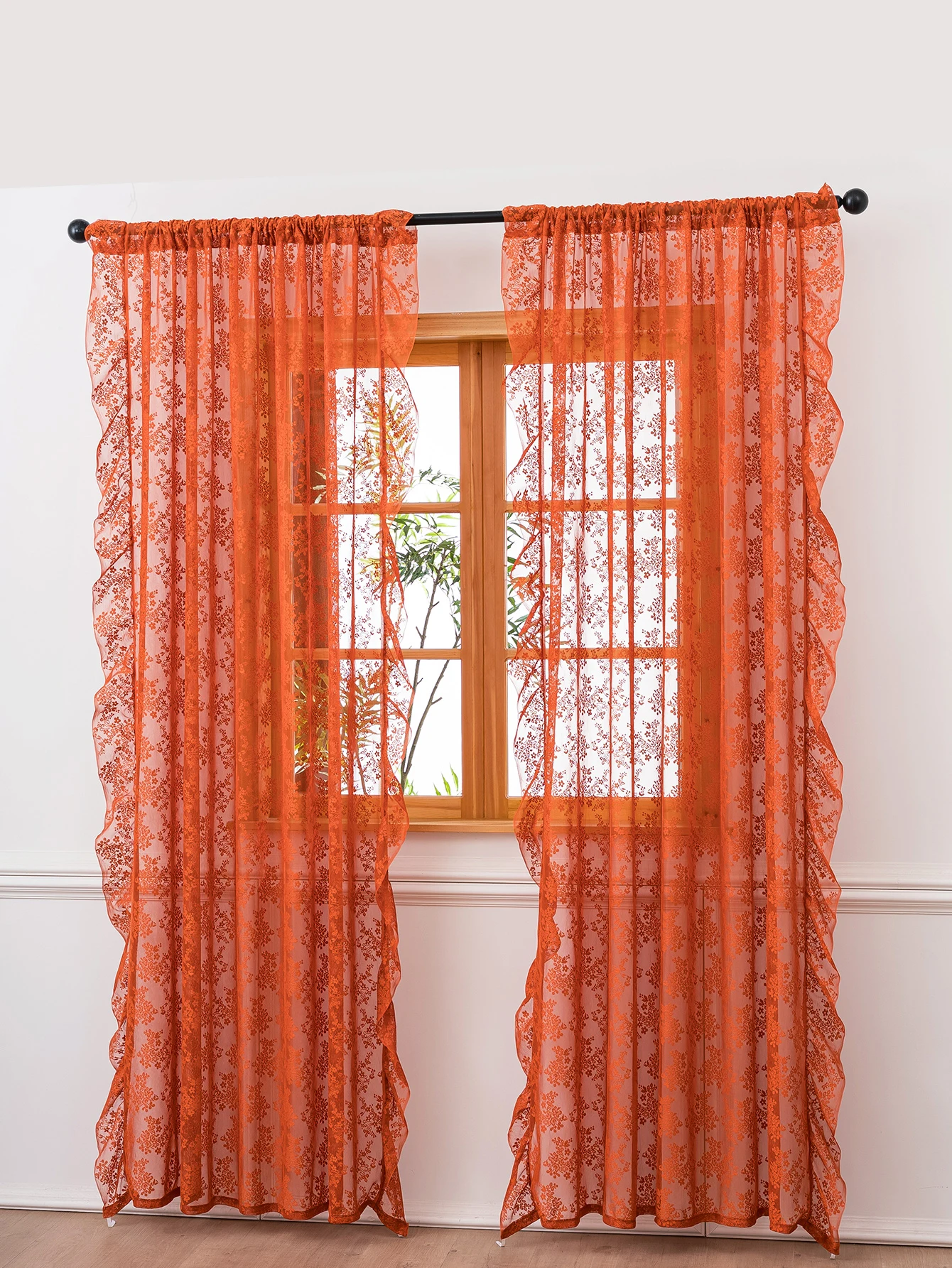Premium Boho Burnt Orange Sheer Curtains - Vintage Floral Lace Window Treatments with Scalloped Edge thumbnail 3