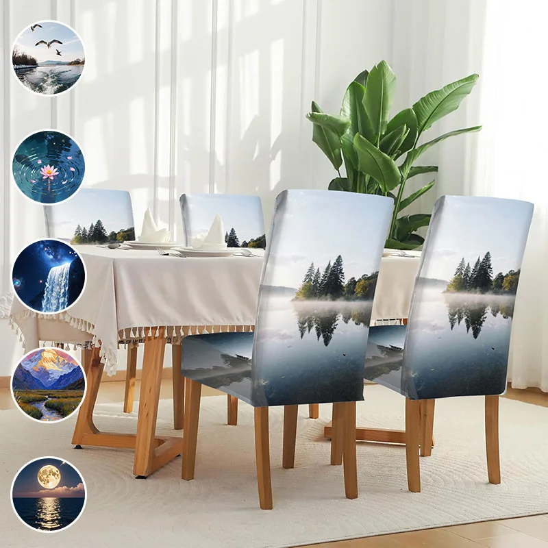 Restaurant seat elastic protective cover, removable home decoration products, artistic landscape printing chair cover