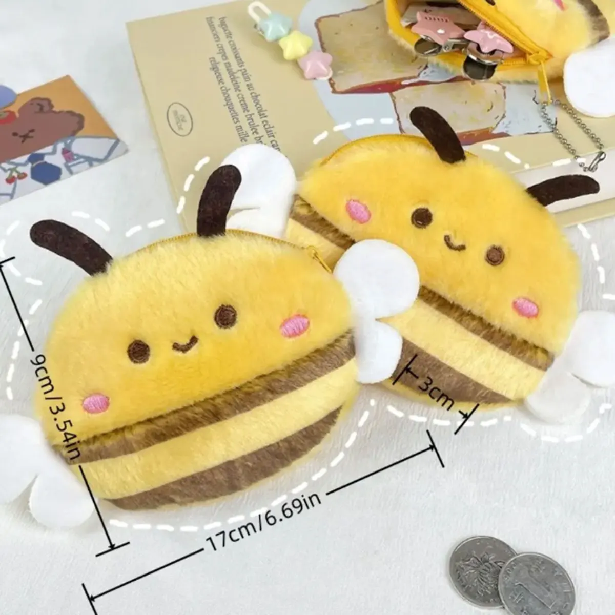 Cute bee plush coin purse kids cartoon animal doll bee money bag bag pendant fashion storage bag small bag office storage thumbnail 6