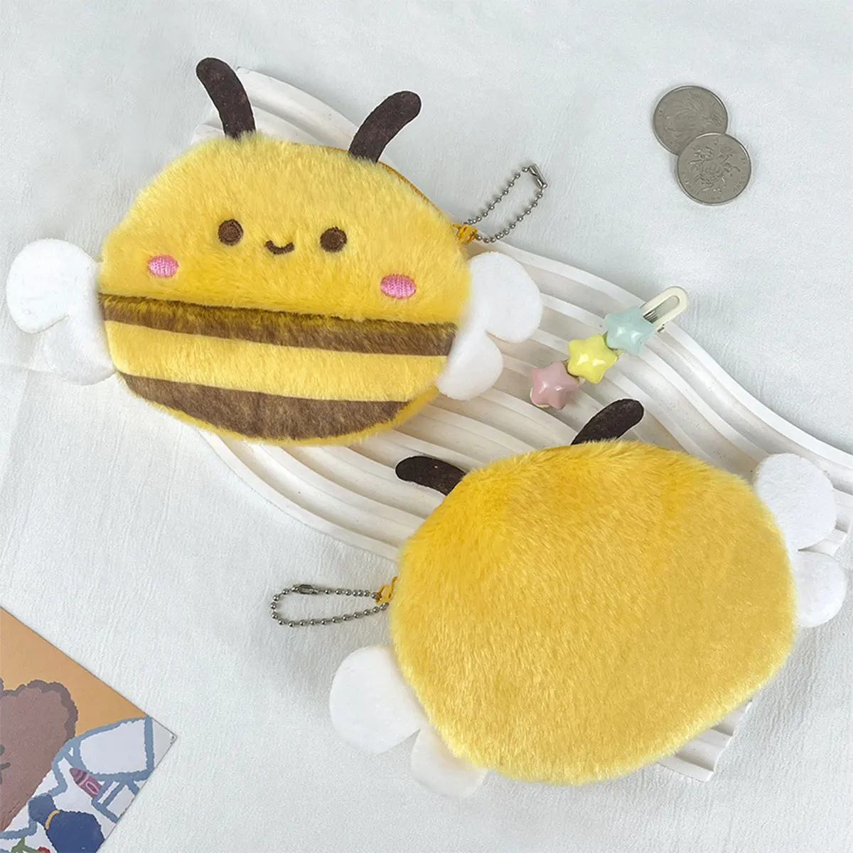 Cute bee plush coin purse kids cartoon animal doll bee money bag bag pendant fashion storage bag small bag office storage thumbnail 3