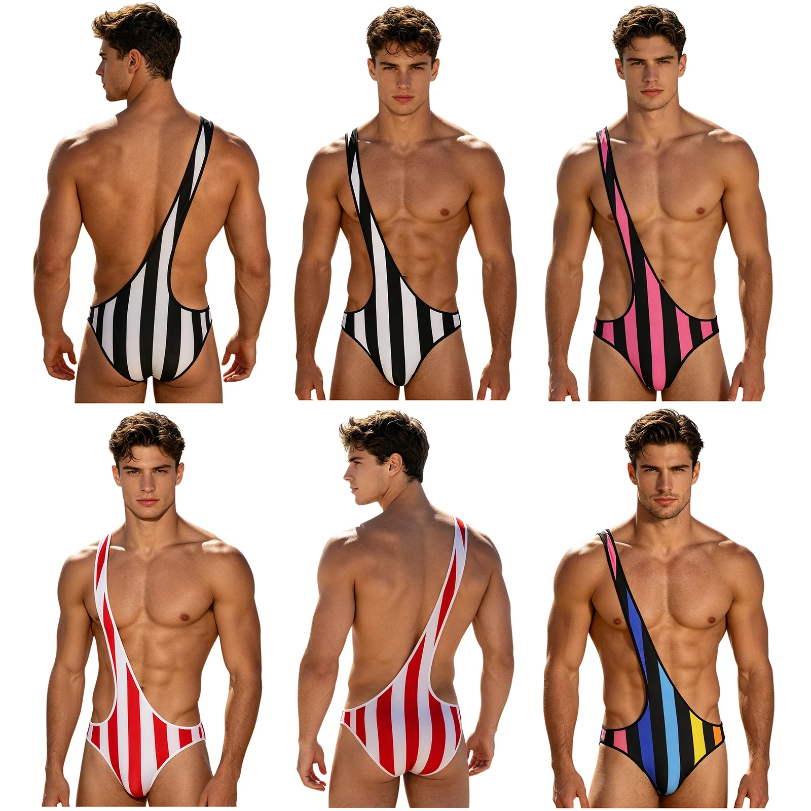 Men One Shoulder Striped Bodysuit Swimwear Quick-dry Mankini Swimsuit Bathing Suit for Beach Pool Sunbathing Water Sports thumbnail 4
