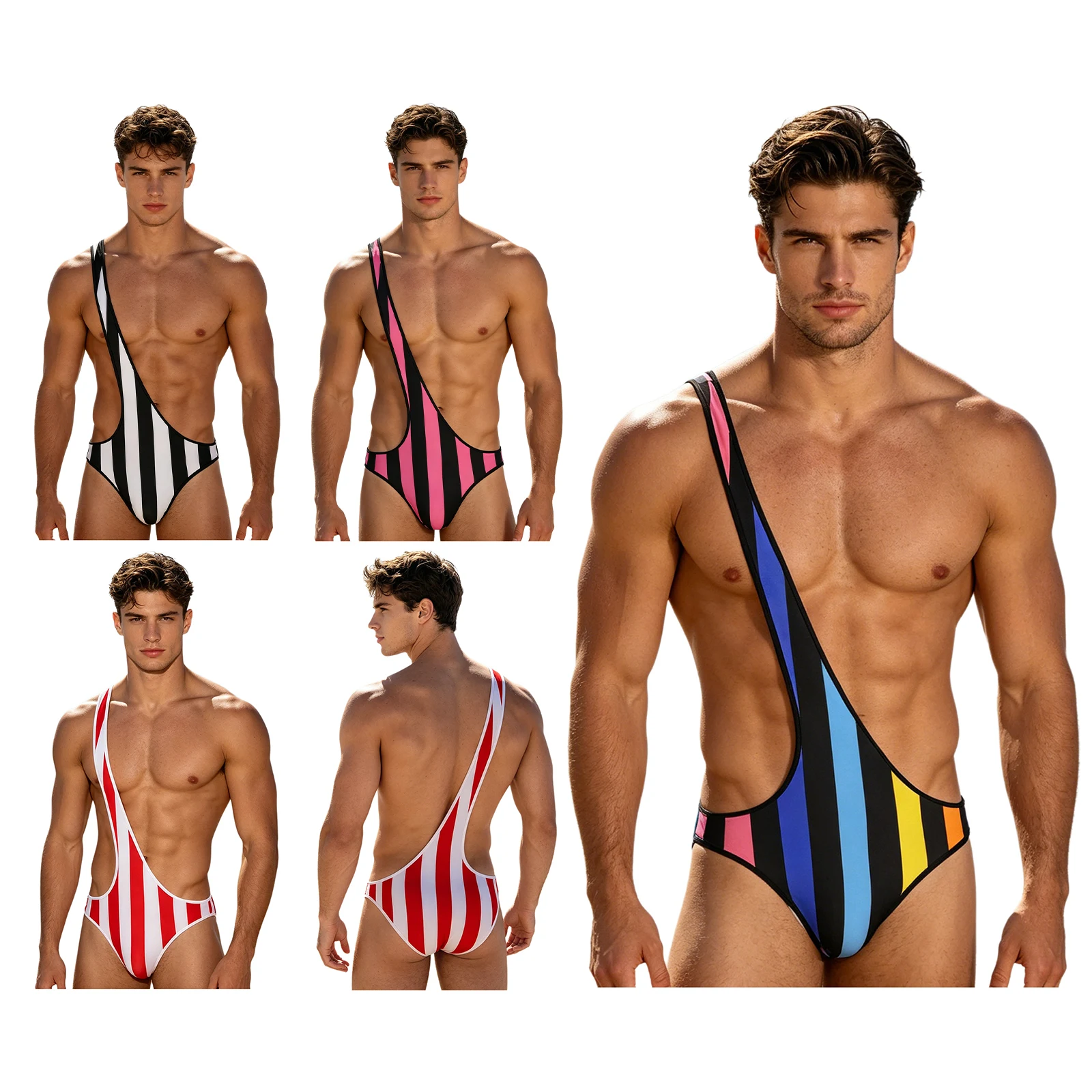 Men One Shoulder Striped Quick-dry Bodysuit Mankini Swimsuit Bathing Suit Beach Pool Sunbathing Water Sports Hot Spring Swimwear