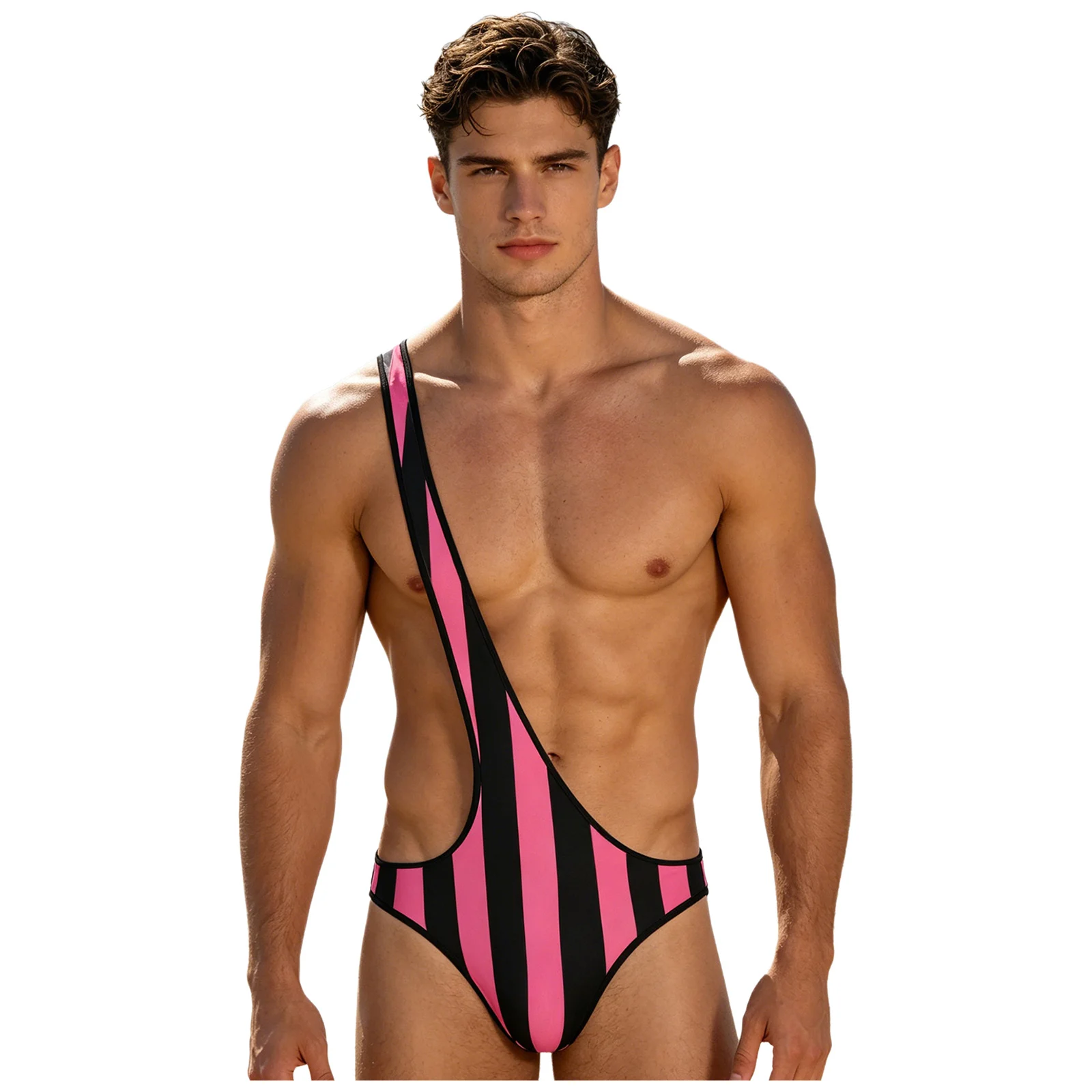 Mens Swimsuit Striped One Shoulder Swimwear Thongs Beach Swimming Pool Bathing Suit Quick-dry Mankini One Piece Bathing Suit thumbnail 4
