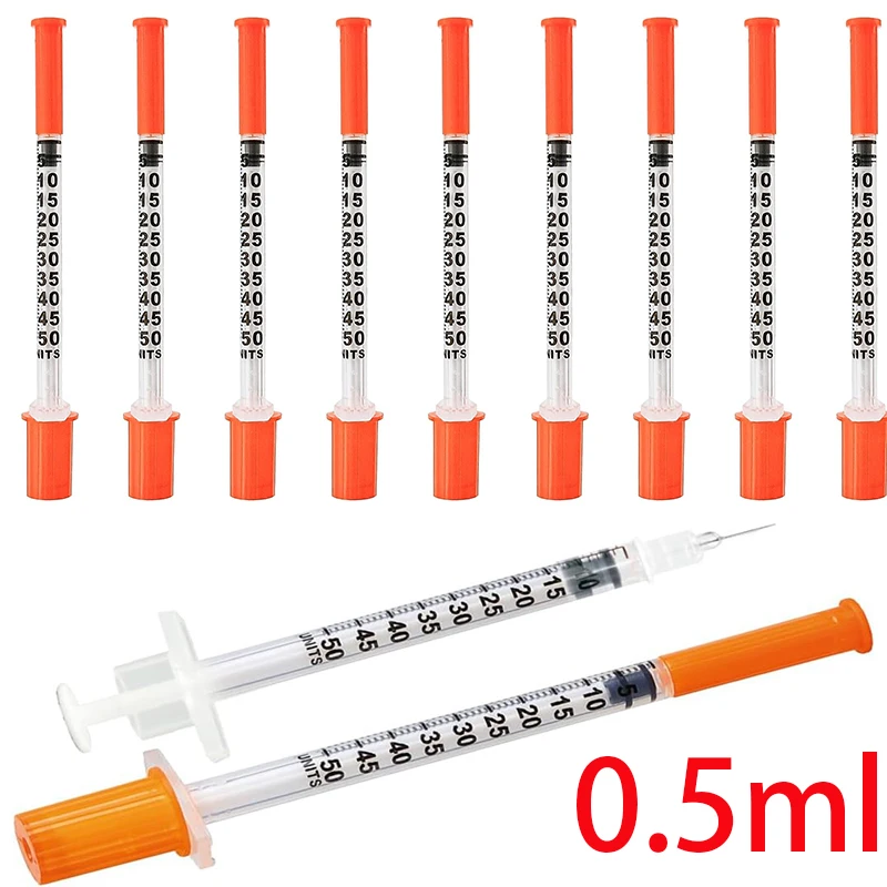 50-pack of 0.5ml disposable plastic veterinary syringes with needles, suitable for pets and farm animals; manual-action syringes