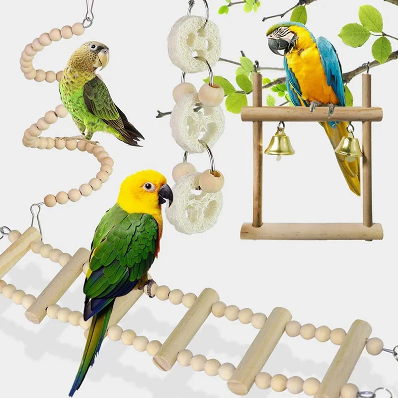8 Pcs Parrot Toy Wood Birds Standing Chewing Rack Toys Bead Ball Heart Star Shape Parrot Toy Bird Toys Accessories Supplies thumbnail 3