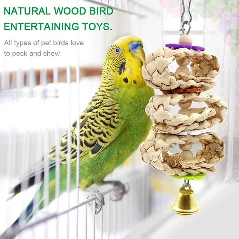 8 Pcs Parrot Toy Wood Birds Standing Chewing Rack Toys Bead Ball Heart Star Shape Parrot Toy Bird Toys Accessories Supplies thumbnail 2