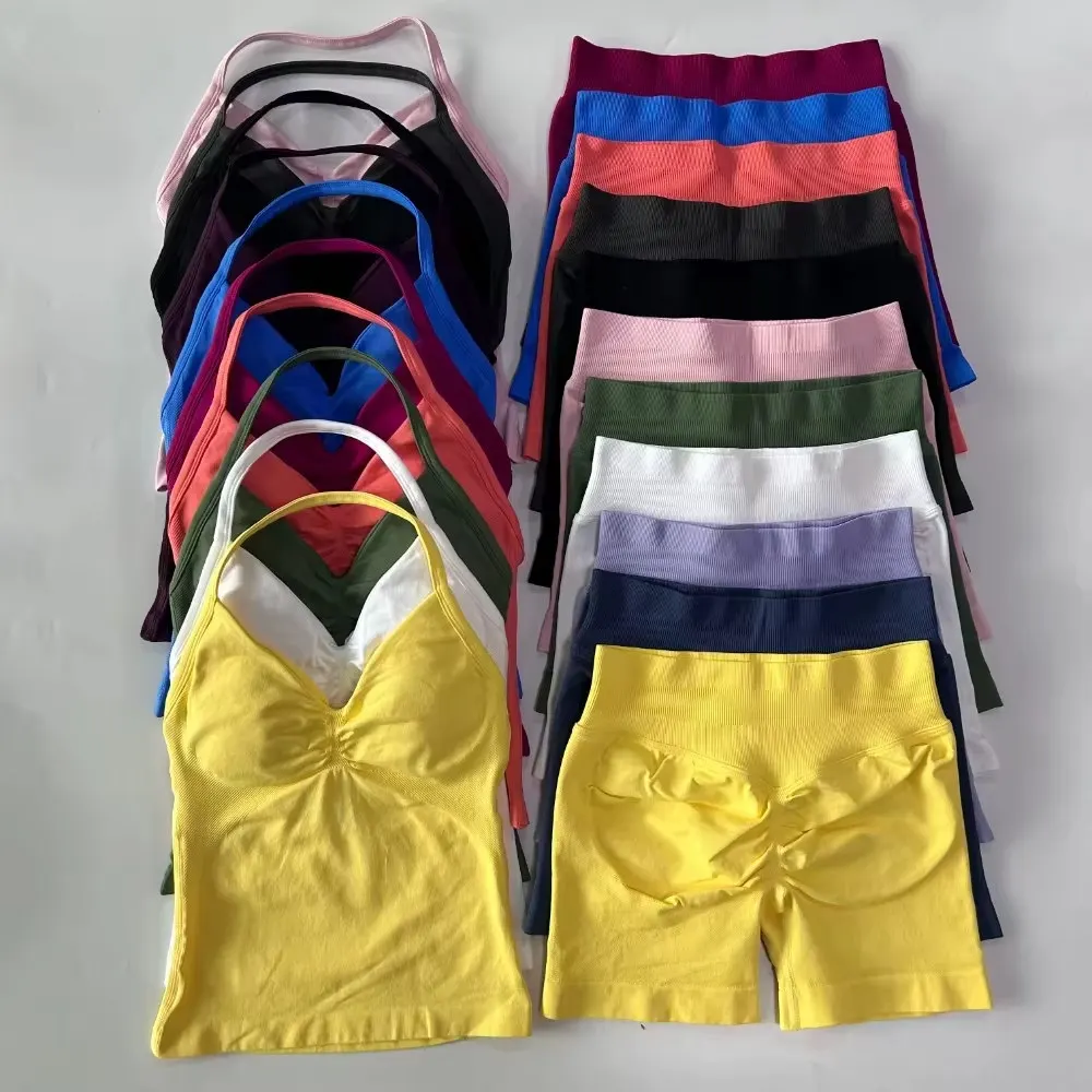 2Pcs Gym Set Women Backless Tank Tops High Waist Scrunch Seamless Shorts Gym Suit Fitness Clothes Activewear Workout Set
