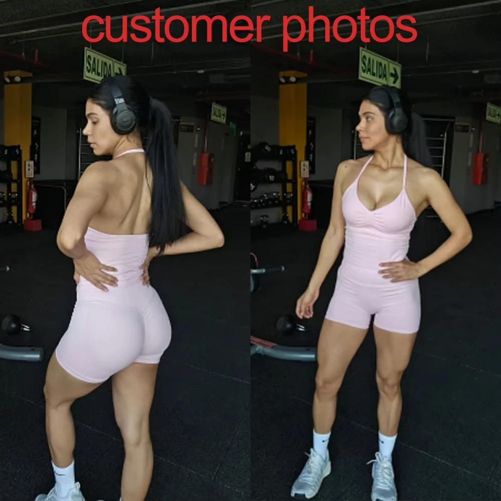 2Pcs Gym Set Women Backless Tank Tops High Waist Scrunch Seamless Shorts Gym Suit Fitness Clothes Activewear Workout Set thumbnail 2