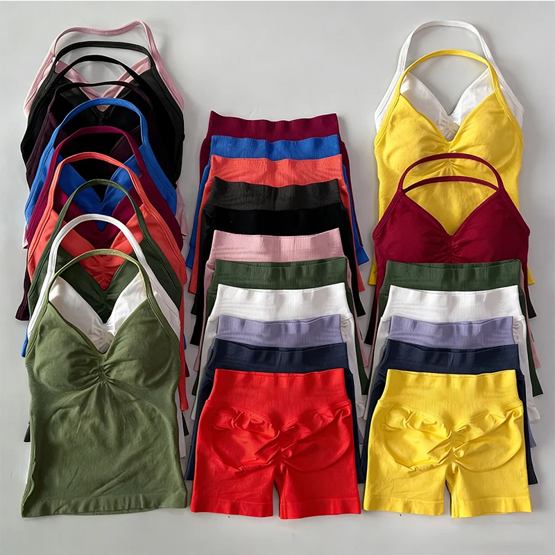 2Pcs Gym Set Women Backless Tank Tops High Waist Scrunch Seamless Shorts Gym Suit Fitness Clothes Activewear Workout Set thumbnail 3