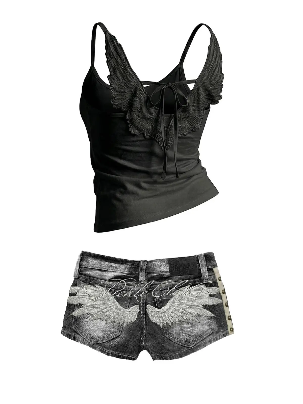 Y2K Hot Girl Angel Wings Embroidered Vest Denim Shorts Suit Retro Sexy Super Shorts Subculture Punk Rivet Design Low Waist Pants thumbnail 2