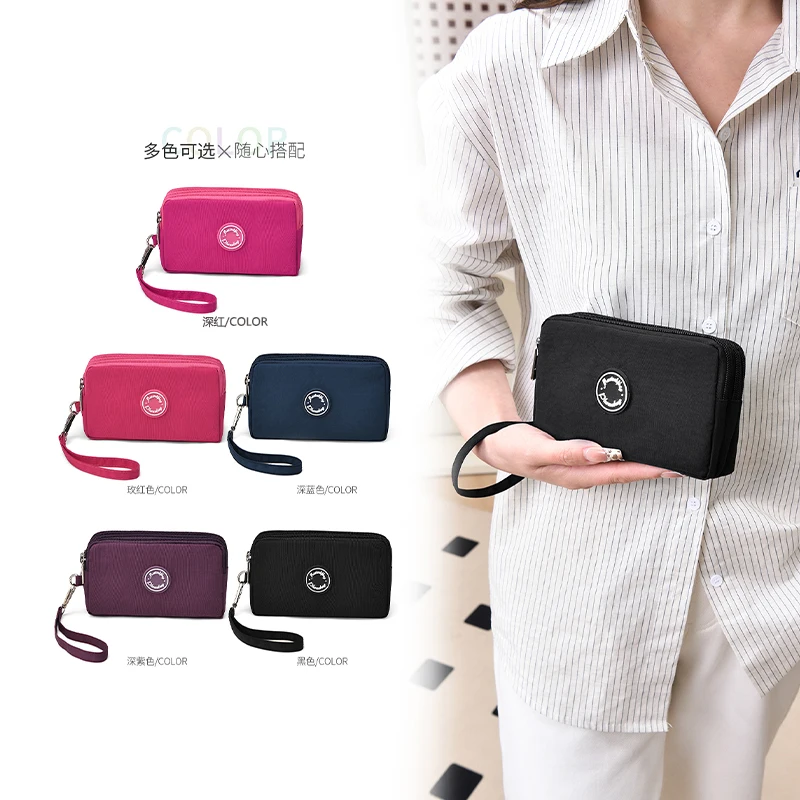 Waterproof 3 Layer Zipper Wristlet Wallet, Large Capacity Nylon Phone Clutch, Portable Travel Cosmetic Pouch with Wrist Strap fo