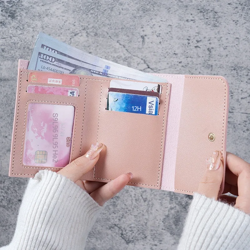 Women's Ultra Thin Wallet Multifunctional Triple Fold Glossy Short Card Holder Multi-Card Holder Mini Coin Purse for Students