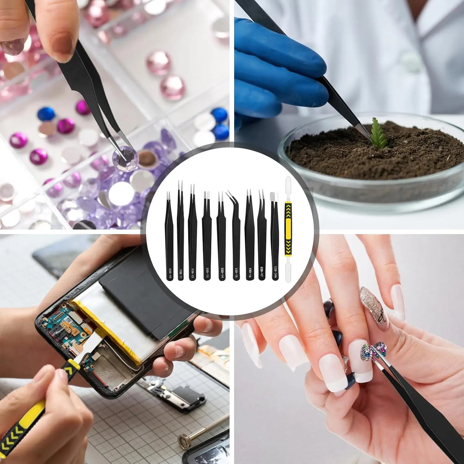 Industrial Grade ESD Anti-static Tweezers Set 1.5MM Precision Tip High Hardness Stainless Steel Tweezers Corrosion-Resistant thumbnail 5