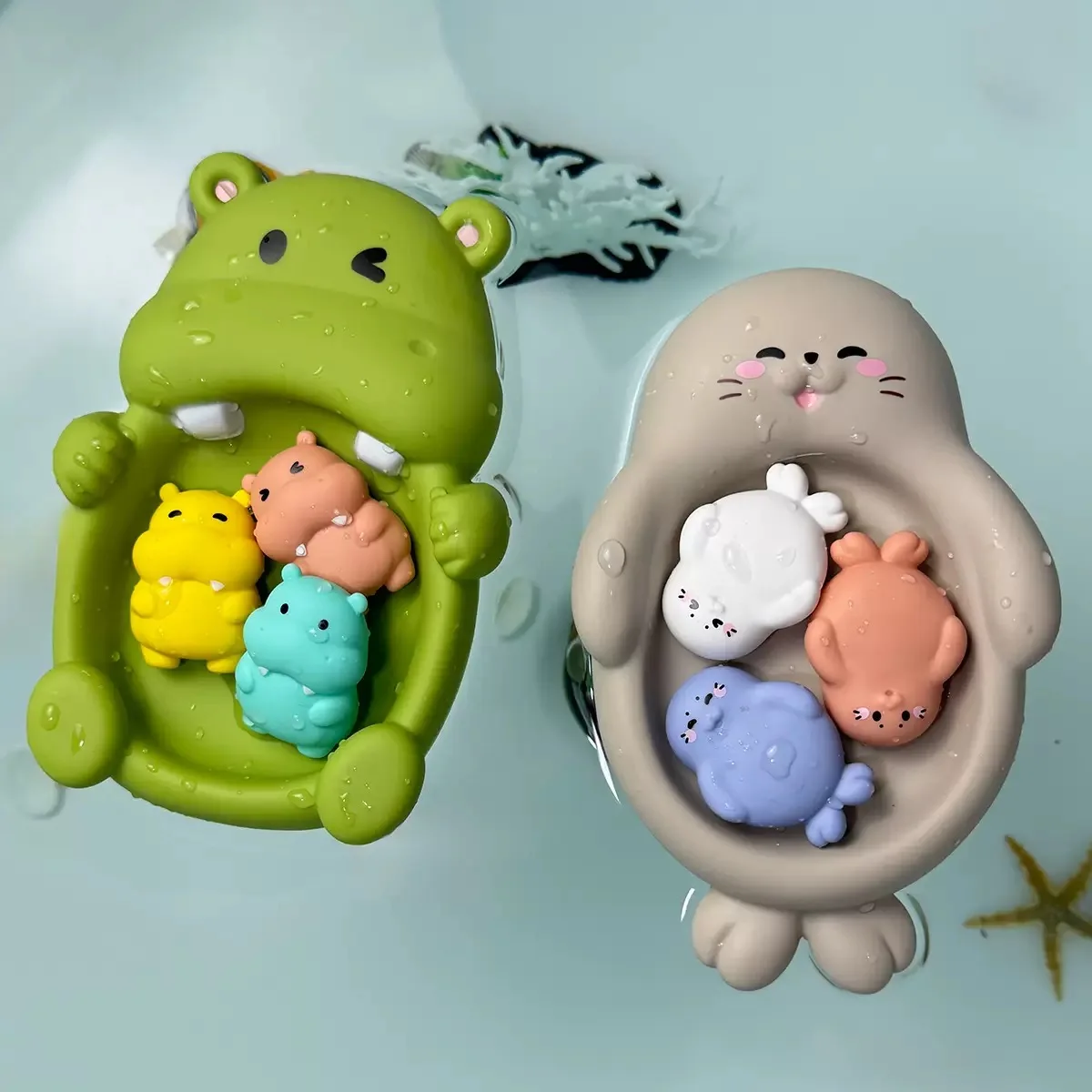Baby Bath Toy Set Cute Animal Family Soft Silicone Otter Hippo seal Floating Bathtub Toys for Toddlers Kids Squeeze Water Play
