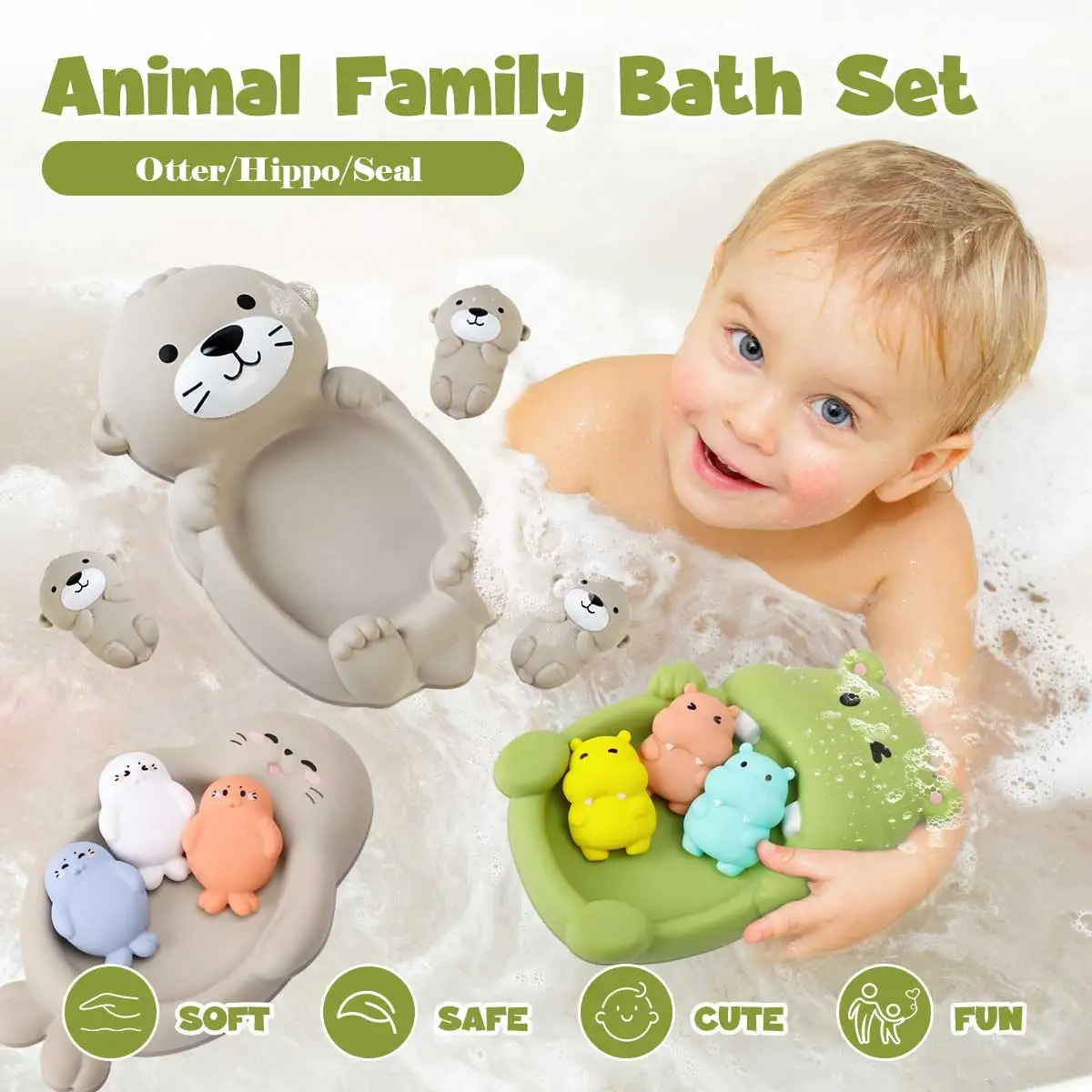 Baby Bath Toy Set Cute Animal Family Soft Silicone Otter Hippo seal Floating Bathtub Toys for Toddlers Kids Squeeze Water Play thumbnail 2