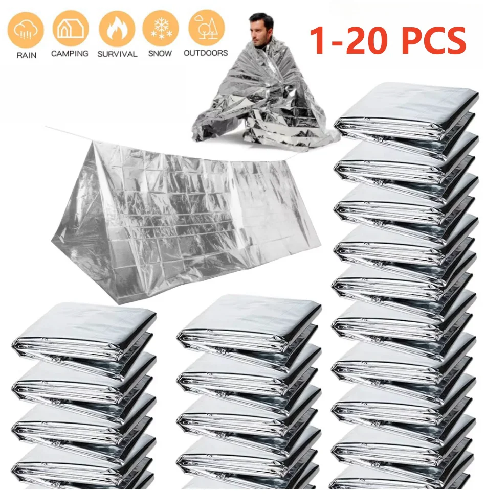  Windproof Waterproof Foil Thermal Blanket, 1-20PCS Emergency Survival Gear, First Aid  Rescue Kit for Camping Hiking