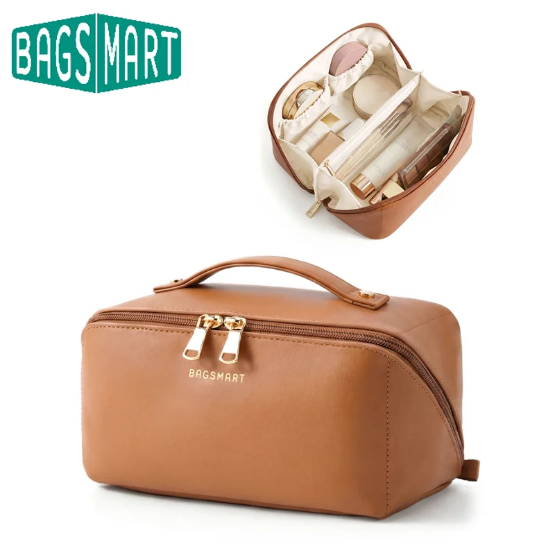BAGSMART Makeup Bag Travel Cosmetic Bag Large Make Up Bag Flat Open Toiletry Bag for Women PU Leather Travel Essentials Organize