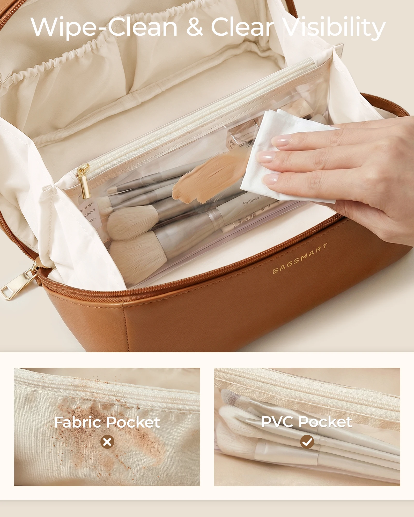 BAGSMART Makeup Bag Travel Cosmetic Bag Large Make Up Bag Flat Open Toiletry Bag for Women PU Leather Travel Essentials Organize thumbnail 3