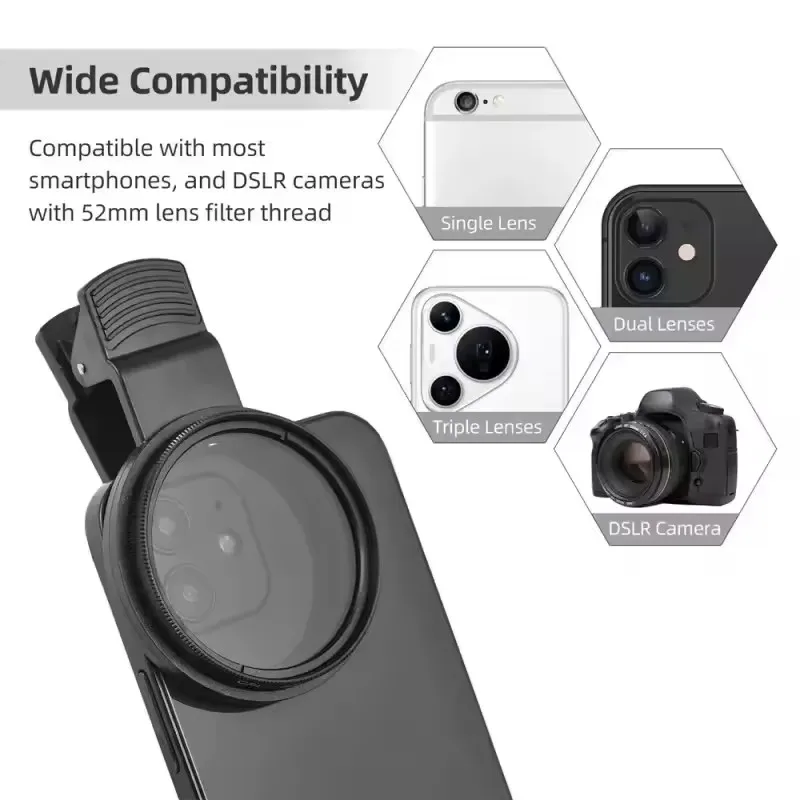 52MM Circular Universal Portable Polarizer Camera Lens Clip CPL / UV Filter Kit for iPhone Huawei Xiaomi Samsung thumbnail 5