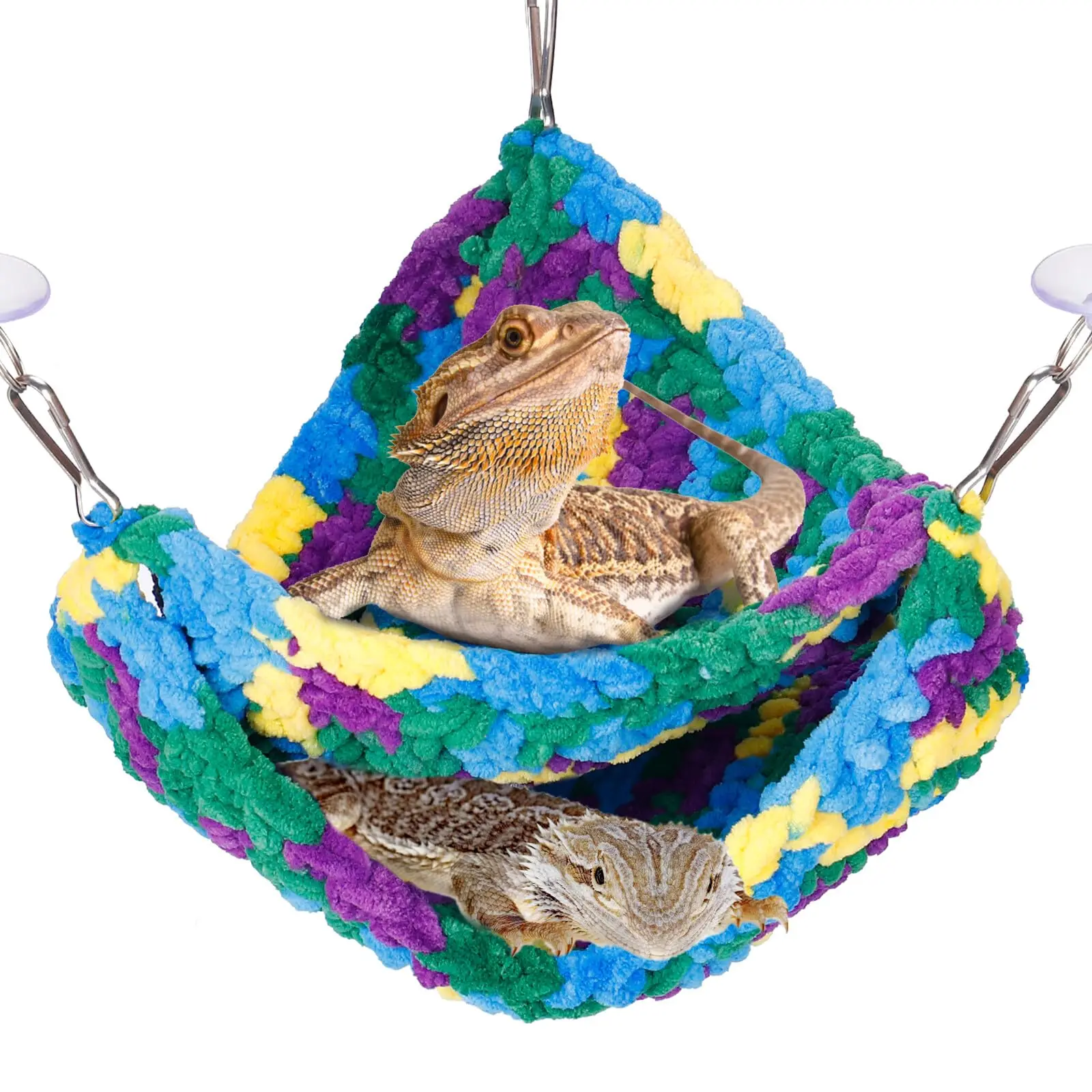 Double-layered reptile hammock for bearded dragon lizards and other small animals, equipped with suction cups and hanging hooks