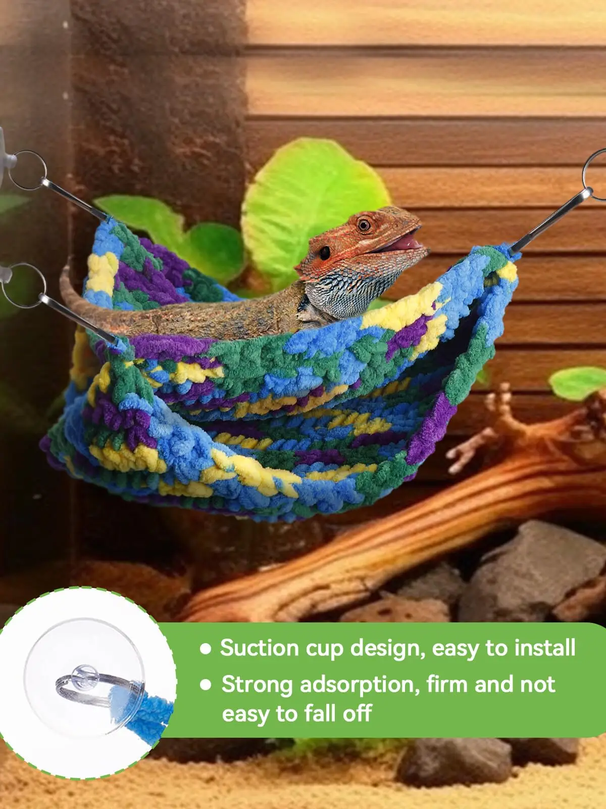 Double-layered reptile hammock for bearded dragon lizards and other small animals, equipped with suction cups and hanging hooks thumbnail 3