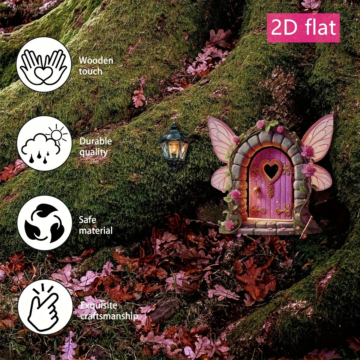2D Flat Wooden Fairy Door Lantern Garden Mushroom House Tree Stump Corner Decoration Home Creative Decorations thumbnail 2