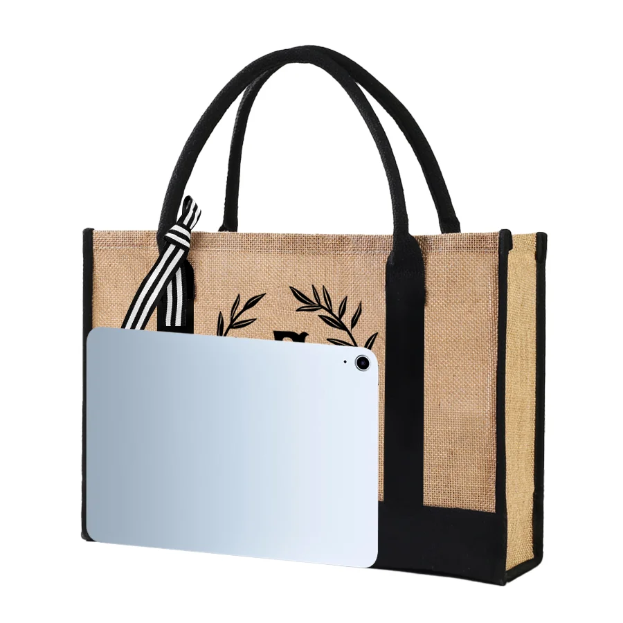 A-Z Jute Men's Tote Bag, Black-Trimmed Large Capacity Beach Bag, Women's Reusable Shopping Bag, Graduation Gift thumbnail 6