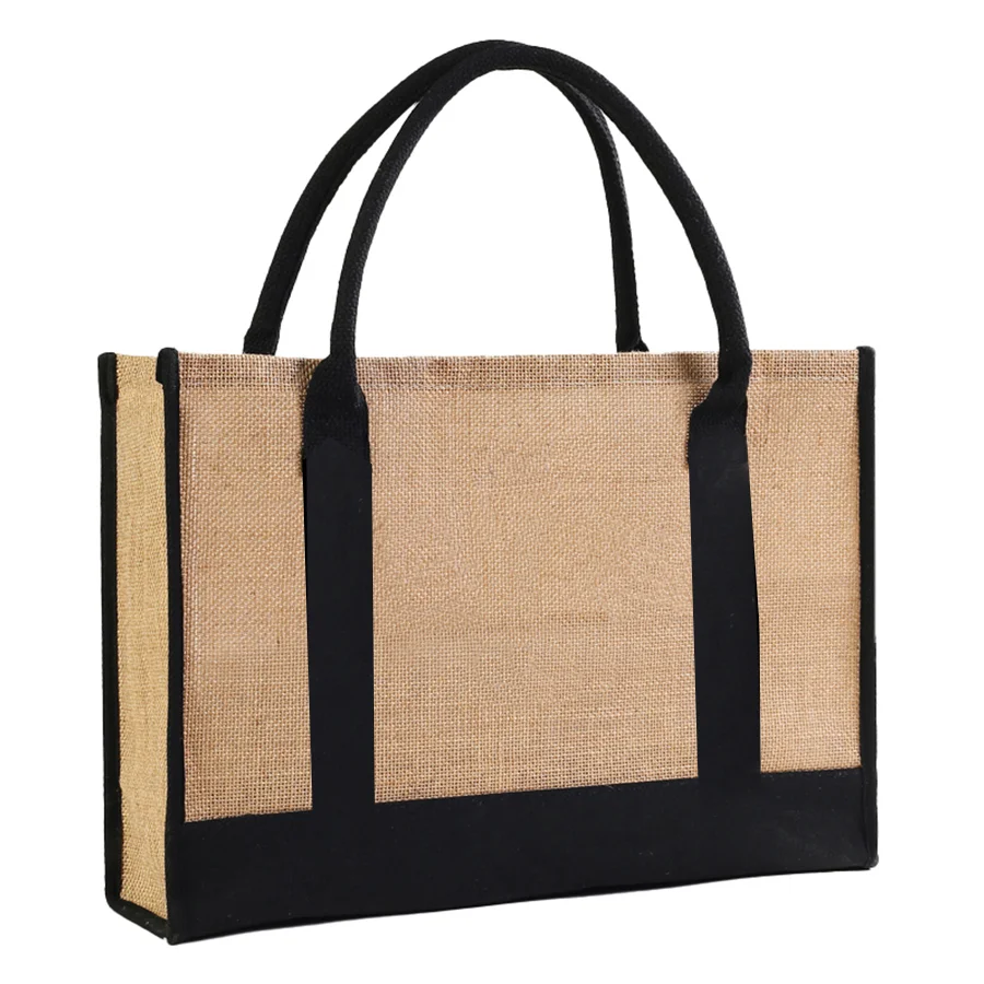 A-Z Jute Men's Tote Bag, Black-Trimmed Large Capacity Beach Bag, Women's Reusable Shopping Bag, Graduation Gift thumbnail 4