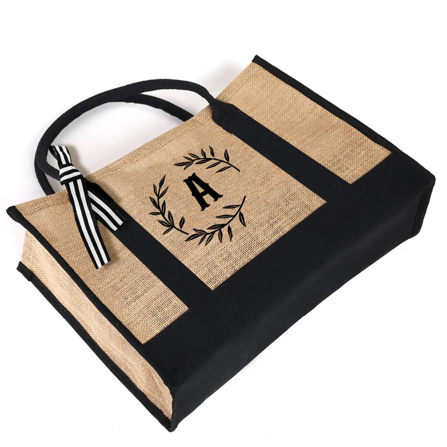 A-Z Jute Men's Tote Bag, Black-Trimmed Large Capacity Beach Bag, Women's Reusable Shopping Bag, Graduation Gift thumbnail 3