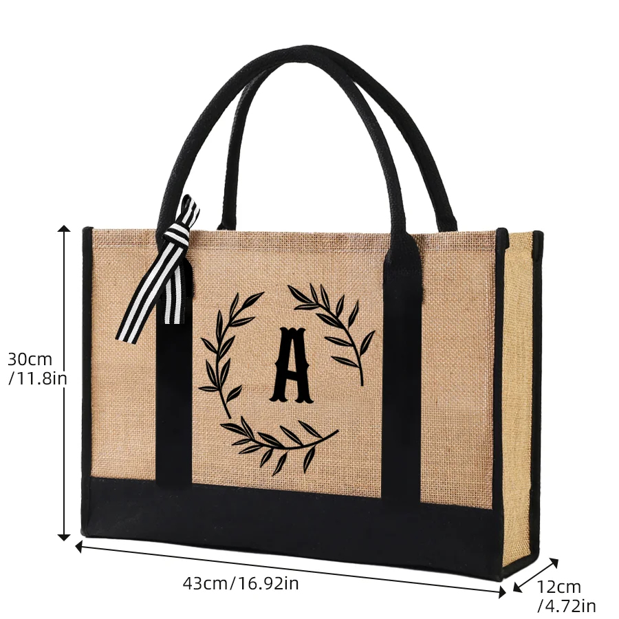 A-Z Jute Men's Tote Bag, Black-Trimmed Large Capacity Beach Bag, Women's Reusable Shopping Bag, Graduation Gift