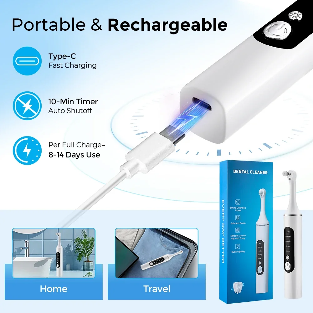 Electric Tooth Polisher Teeth Whitening Cleaner 5 Speed Modes with 6 Brush Heads LED Light Plaque Dental Tartar Remover Tool Set thumbnail 6