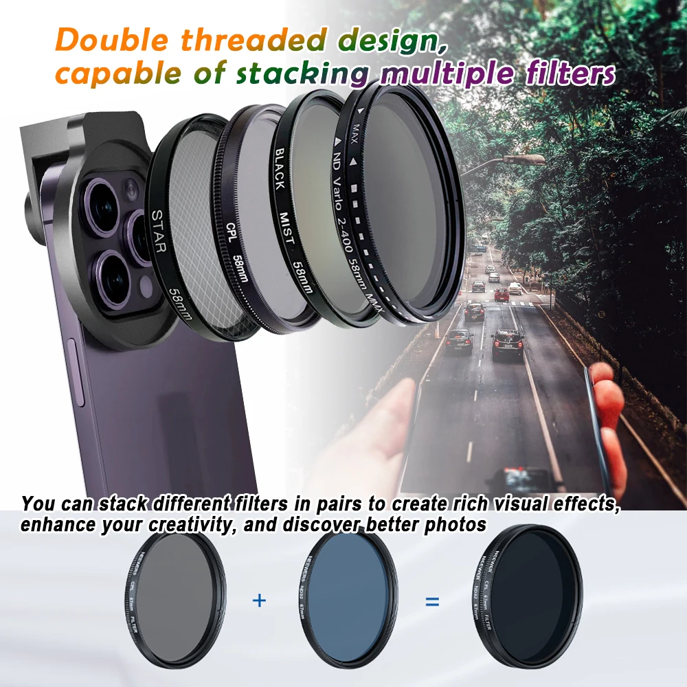 58mm Metal Filter Clip Phone Camera Filter UV CPL ND2‑400 Black Soft Star Effects for Mobile Phone Vlog Camera Lens Photography thumbnail 5