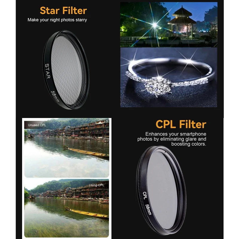 58mm Metal Filter Clip Phone Camera Filter UV CPL ND2‑400 Black Soft Star Effects for Mobile Phone Vlog Camera Lens Photography thumbnail 4