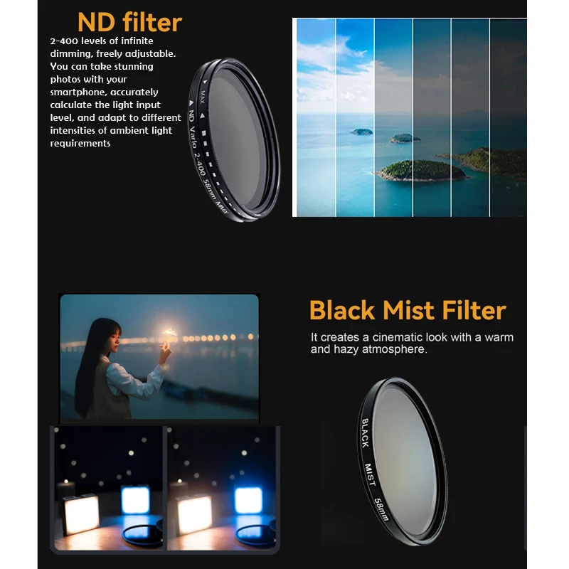 58mm Metal Filter Clip Phone Camera Filter UV CPL ND2‑400 Black Soft Star Effects for Mobile Phone Vlog Camera Lens Photography thumbnail 3