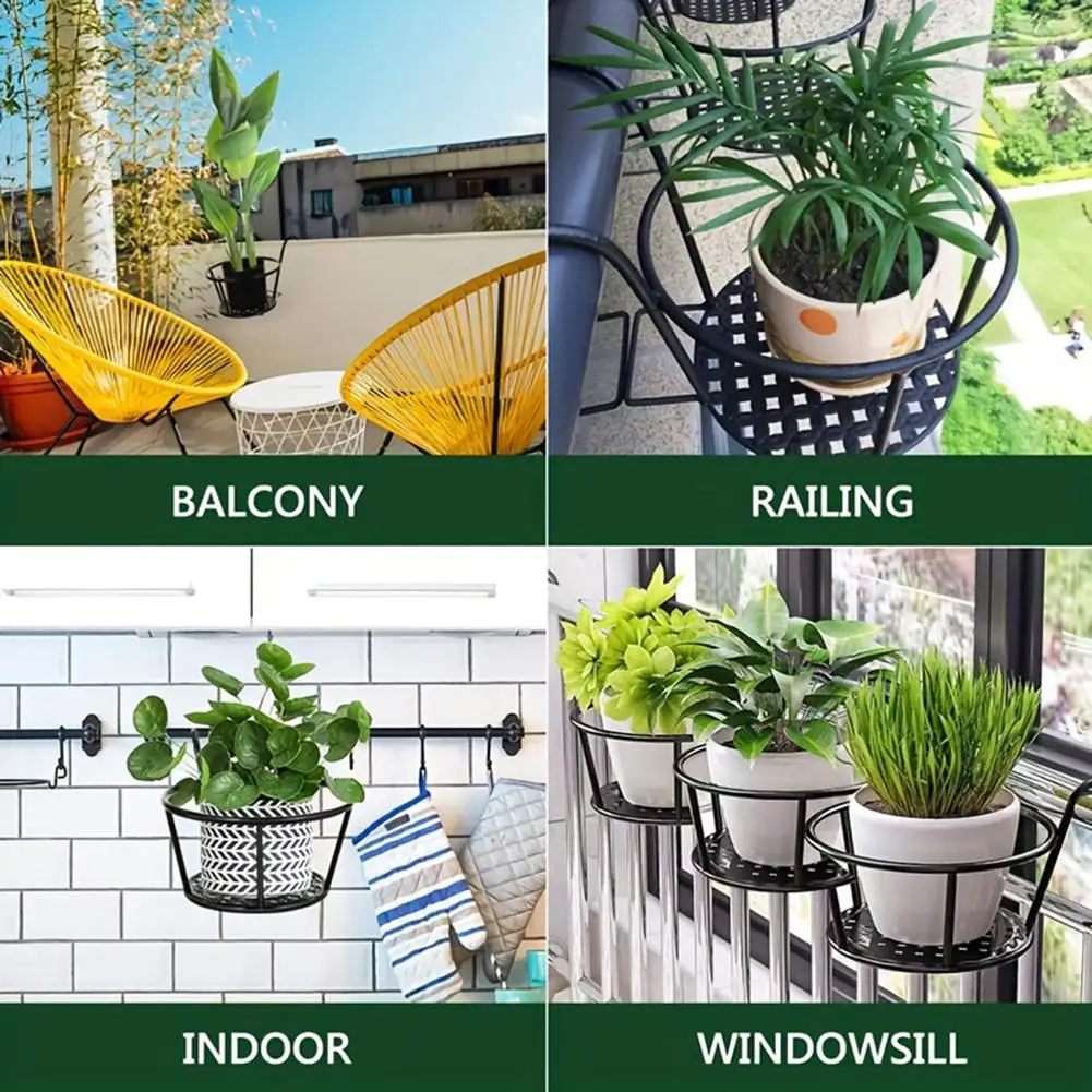 1PC Round Metal Flower Pot Holder Garden Plant Stand Hanging Bracket Balcony Frame Railing Home Wall-Mounted Rack 21*18*21cm thumbnail 5