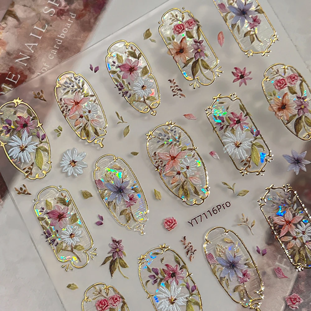 Golden Edge Spring Flowers 5D Embossed Self-Adhesive Retro Palace Bohemian Floral Nail Stickers for Stunning Nail Art thumbnail 5