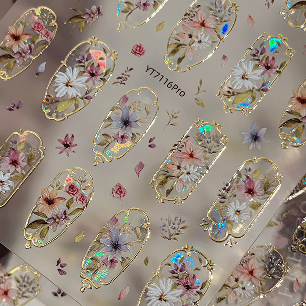 Golden Edge Spring Flowers 5D Embossed Self-Adhesive Retro Palace Bohemian Floral Nail Stickers for Stunning Nail Art