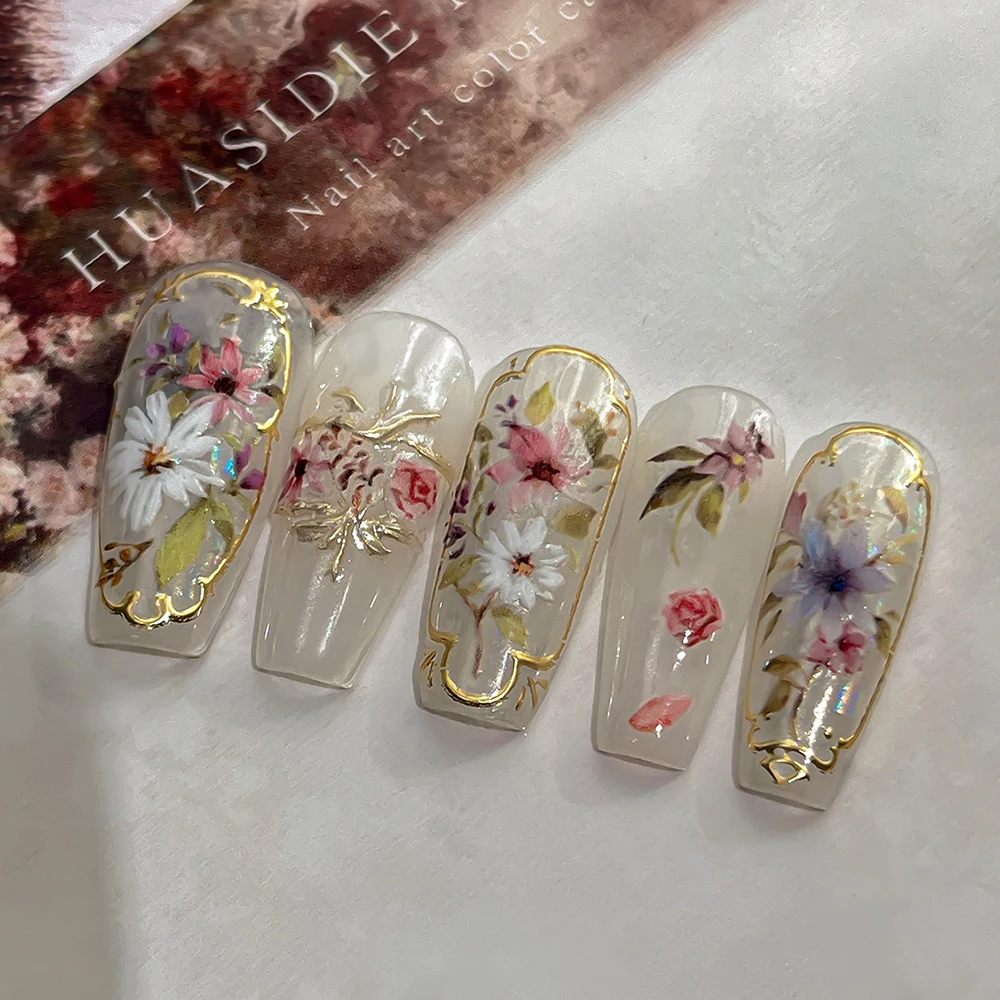 Golden Edge Spring Flowers 5D Embossed Self-Adhesive Retro Palace Bohemian Floral Nail Stickers for Stunning Nail Art thumbnail 3