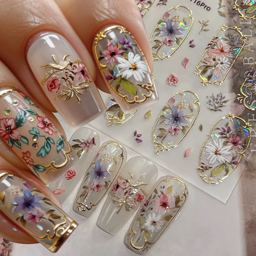 Golden Edge Spring Flowers 5D Embossed Self-Adhesive Retro Palace Bohemian Floral Nail Stickers for Stunning Nail Art thumbnail 2
