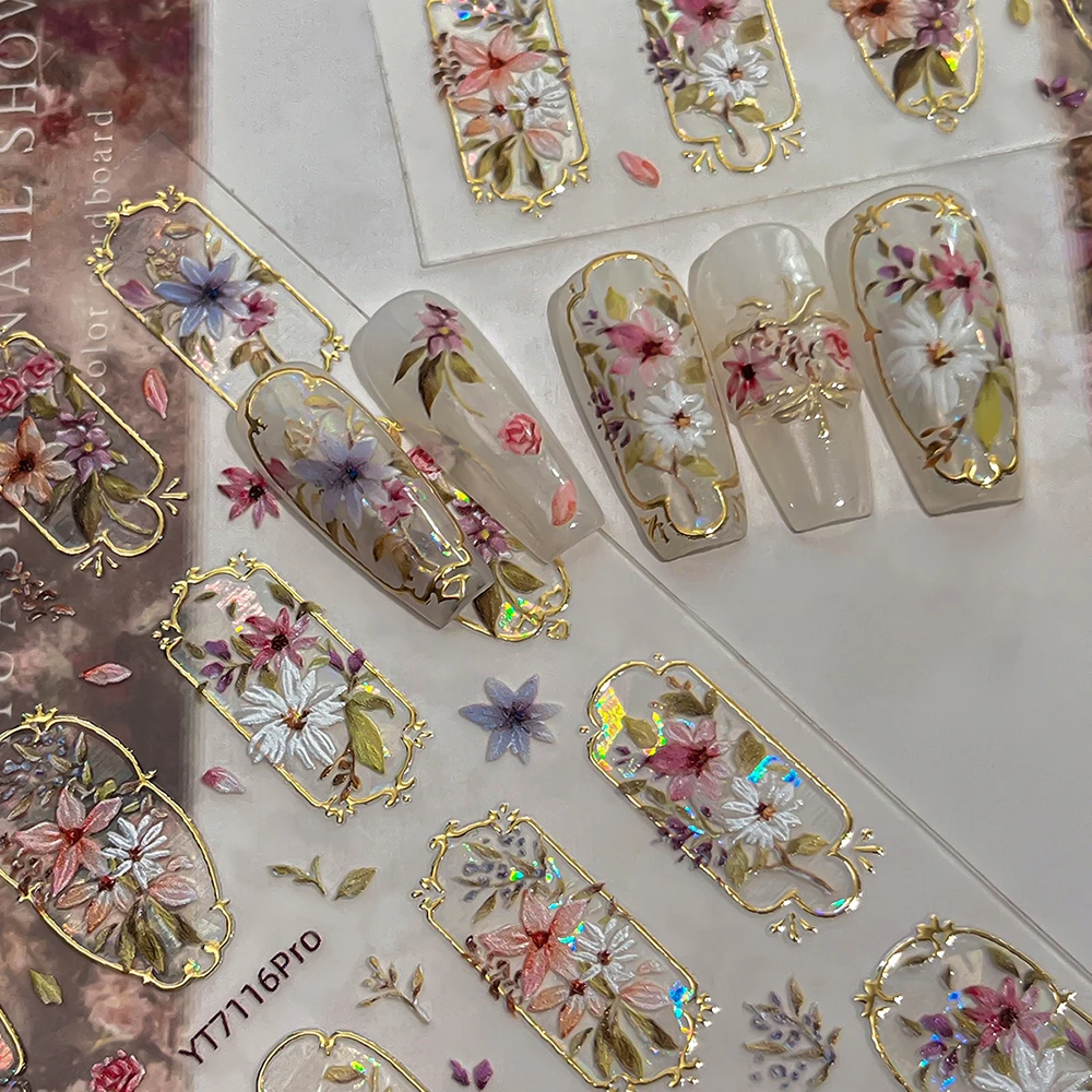 Golden Edge Spring Flowers 5D Embossed Self-Adhesive Retro Palace Bohemian Floral Nail Stickers for Stunning Nail Art thumbnail 6