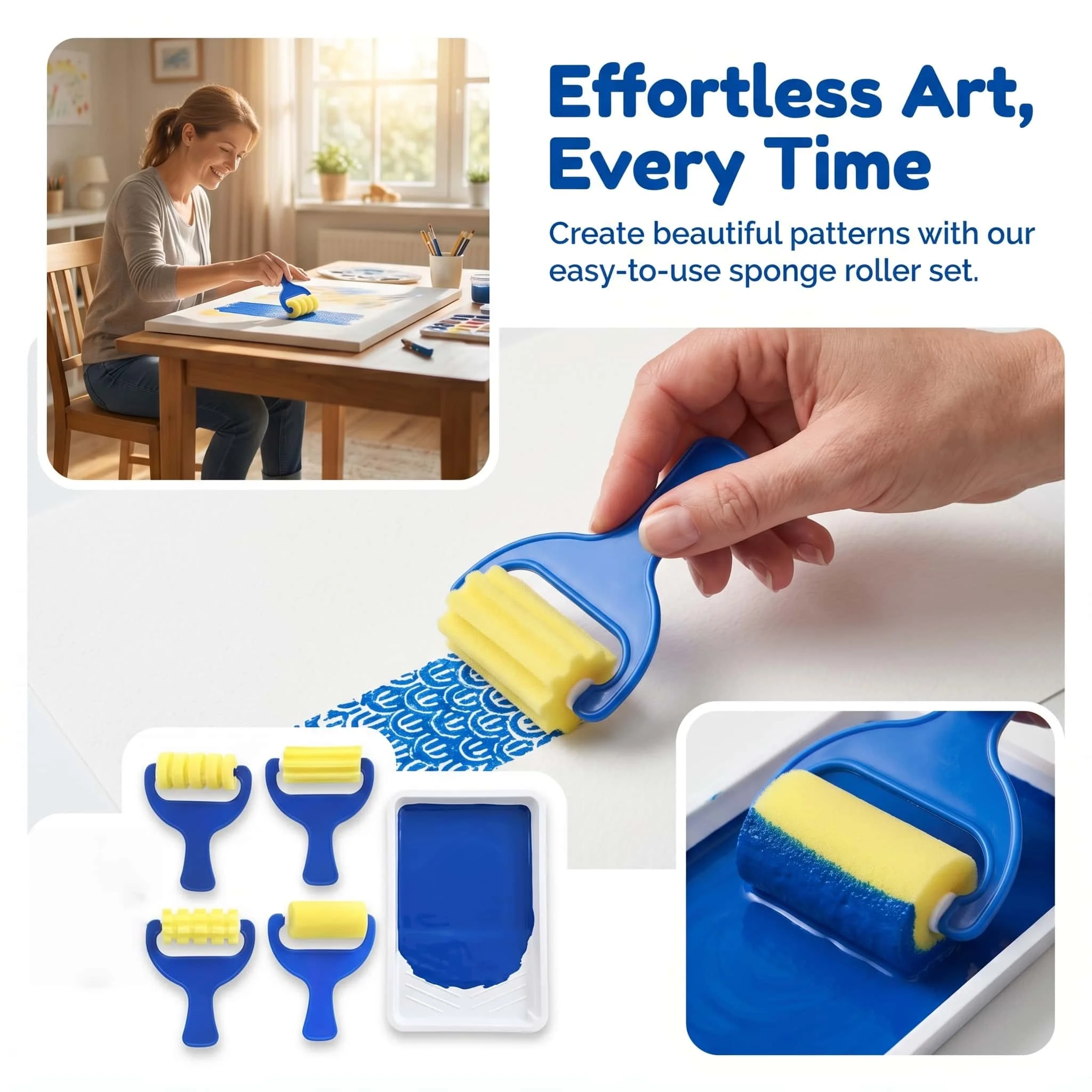 4Pcs Patterned Sponge Roller Set, Texture Painting Rollers for DIY ArtHigh-Density Foam Brushes with Ergonomic Handle thumbnail 2