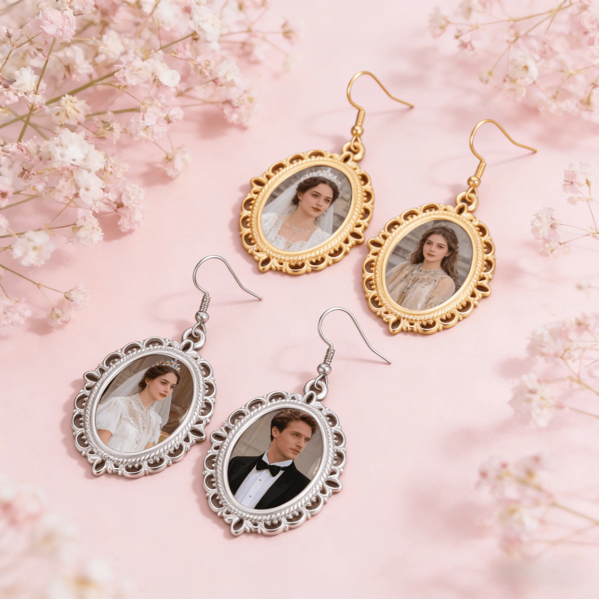 Customized photo hollowed out pattern oval pendant earrings stainless steel personalized image earrings Valentine's Day gift thumbnail 3