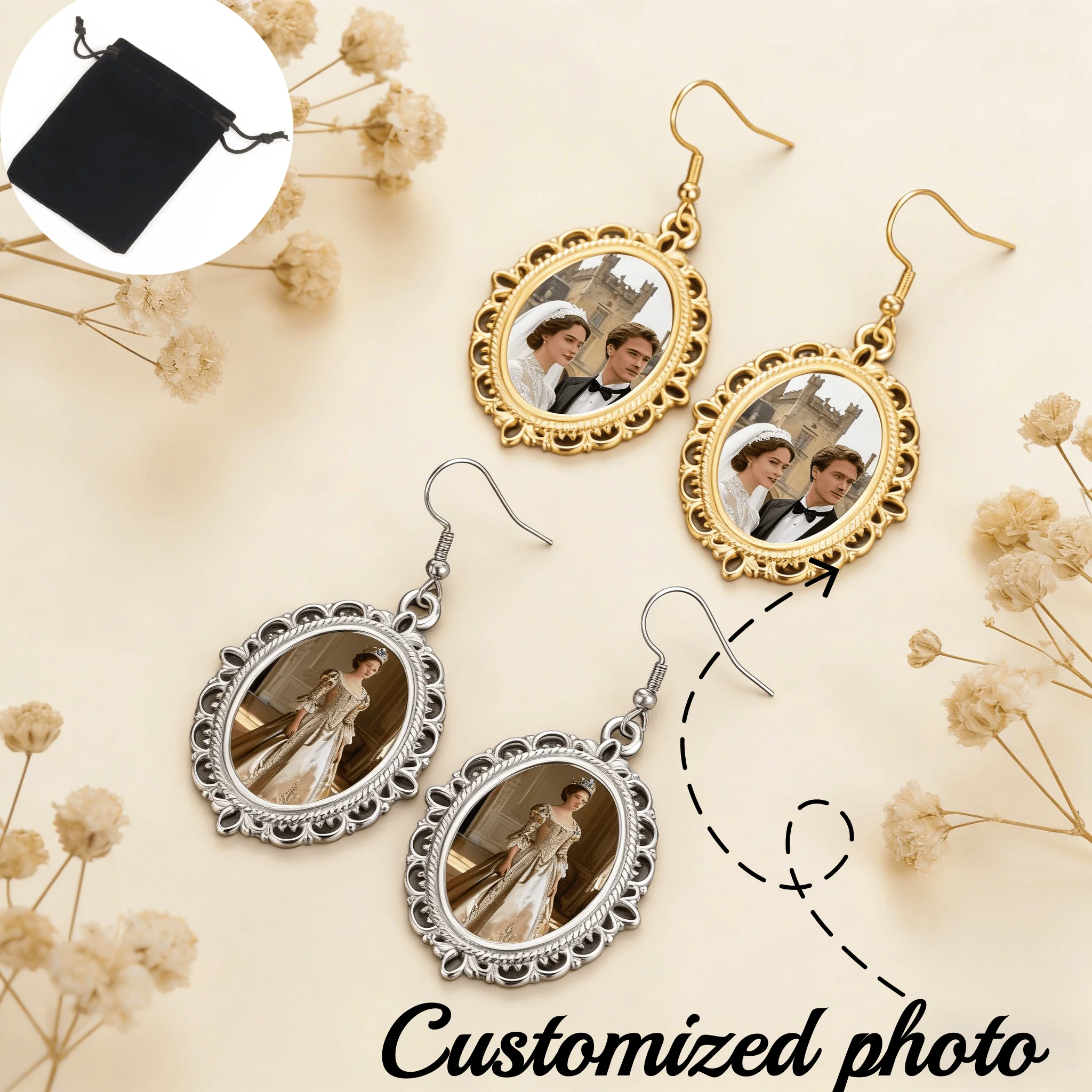 Customized photo hollowed out pattern oval pendant earrings stainless steel personalized image earrings Valentine's Day gift